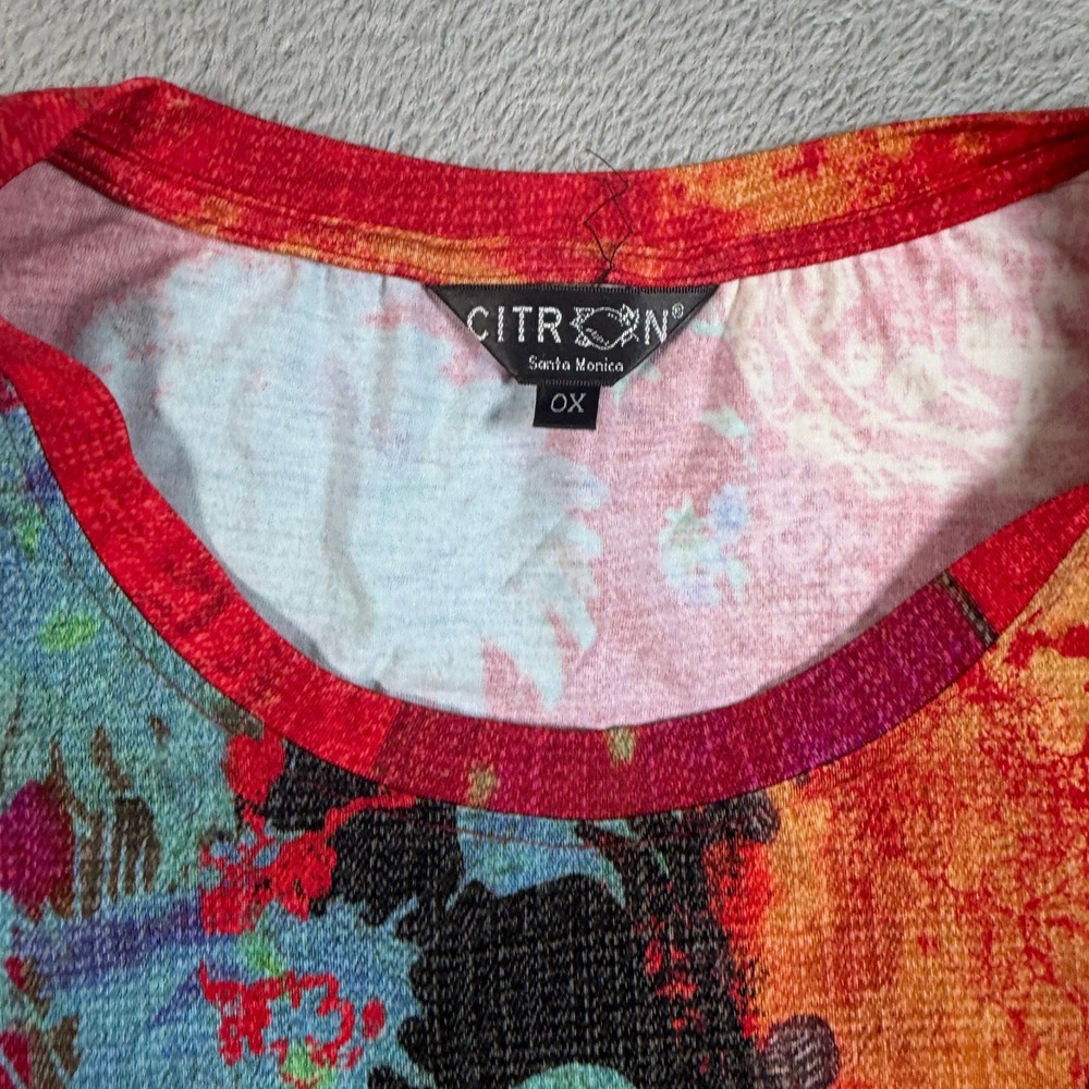 Citron Santa Monica Top Womens 0X Red Floral Asian Art Print Short Sleeve - Picture 3 of 9